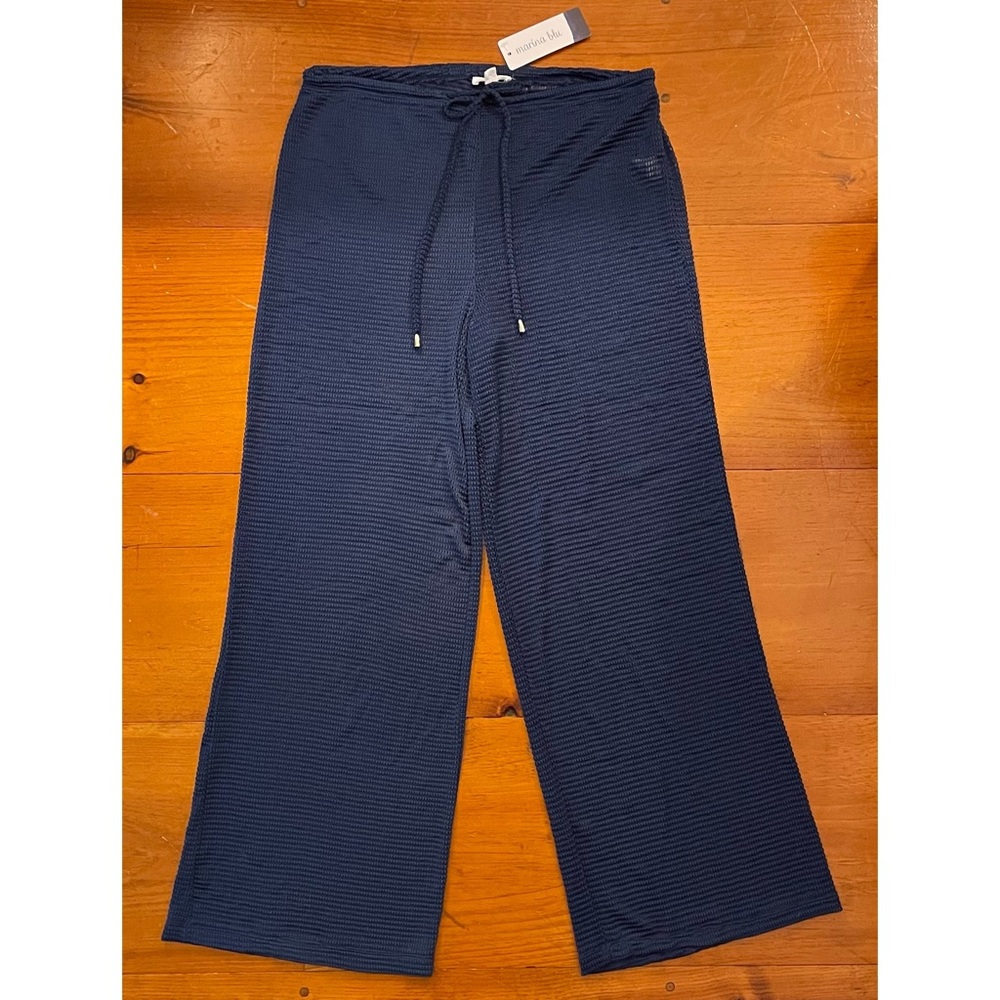 NWT Marina Blu Wide Leg Mesh Pants Swimsuit Coverup Pool Beach Navy Stretchy